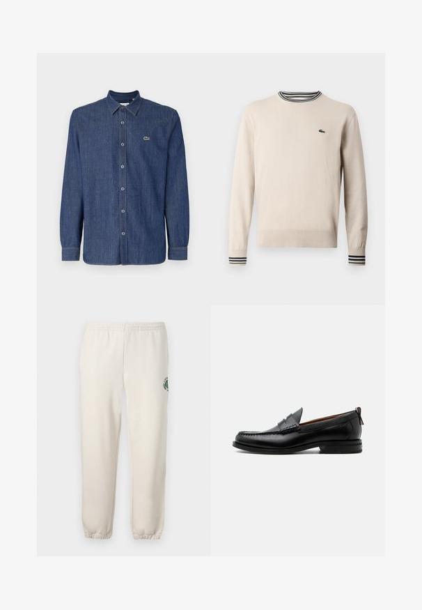 Pull beige en tissu tricoté, avec un col rond, des poignets côtelés ornés de rayures noires et vertes, et un petit logo sur la poitrine.; Chemise en denim bleu foncé à manches longues, dotée d'un col boutonné, de boutons à l'avant et d'un petit logo vert sur la poitrine.; Pantalon de jogging beige clair en coton, doté d'une taille élastique, de poignets en côtes et d'un logo vert avec un design de feuille sur la jambe gauche.; Mocassin homme en cuir noir avec couture moc toe, bride penny, col texturé et petit talon empilé sur fond blanc.