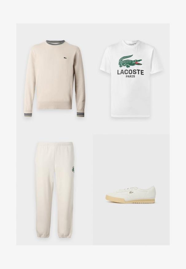 Beige sweater lavet af strikket stof, med rund halsudskæring, ribbede ærmer med sorte og grønne striber, og et lille logo på brystet.; Lacoste T-shirts print - white; Lys beige sweatpants lavet af bomuld, med elastisk talje, ribbede mansjetter og et grønt logo med bladdesign på venstre ben.; Hvide lædersneakers med en struktureret overflade, beige gummisål, snørebåndsdesign og subtil logodetalje på siden.
