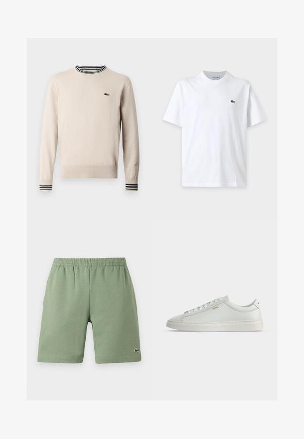Beige trui van gebreide stof, met een ronde halslijn, geribbelde manchetten met zwarte en groene strepen, en een klein logo op de borst.; Effen wit T-shirt met korte mouwen, ronde hals en klein groen krokodillenlogo op de linkerborst.; Groene katoenen shorts met een elastische tailleband, ontspannen pasvorm en een klein geborduurd logo aan de onderkant aan de linkerzijde. Gladde textuur, geen zakken.; Witte lage leren sneaker met veters, platte zool en klein gouden "BOSS" logo aan de zijkant, gezien vanaf de buitenkant.