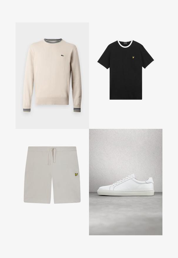 Pull beige en tissu tricoté, avec un col rond, des poignets côtelés ornés de rayures noires et vertes, et un petit logo sur la poitrine.; T-shirt noir avec col et bordures de manches blanches, en coton. Présente un petit logo d'aigle brodé en jaune sur la poitrine.; Shorts en coton gris clair avec une taille élastique et un cordon de serrage. Présente un petit logo jaune sur le côté gauche. Texture lisse.; Sneaker blanche avec une tige en cuir lisse et un profil bas. Présente un bout arrondi, six œillets et une semelle en caoutchouc texturé.