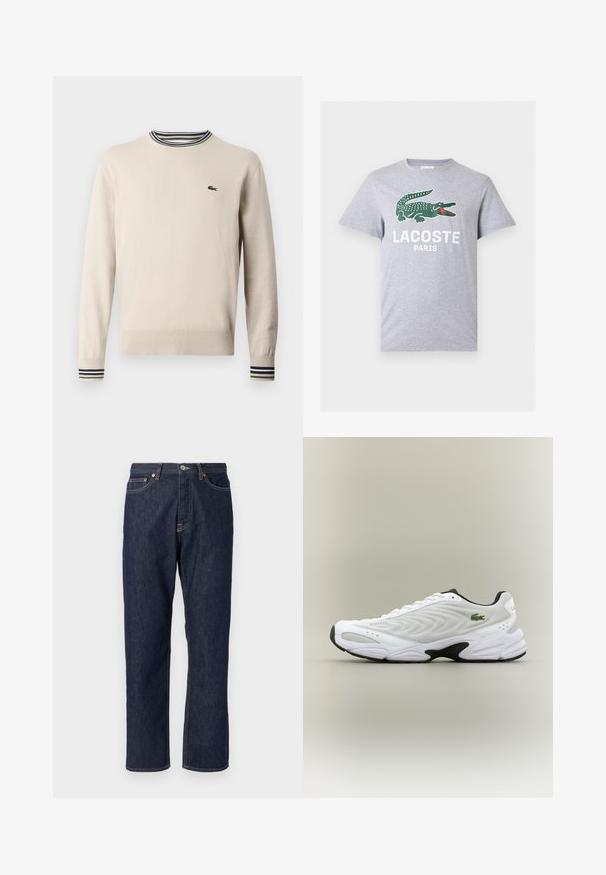 Suéter beige hecho de tejido de punto, con un escote redondo, puños acanalados con rayas negras y verdes, y un pequeño logo en el pecho.; Camiseta de manga corta color gris claro con un logo de cocodrilo verde y texto blanco "LACOSTE PARIS" centrado en el pecho.; Jeans de mezclilla azul oscuro con un diseño de pierna recta. Cuenta con un cierre de botón y cremallera, cinco bolsillos y detalles de costura en contraste.; Zapatilla deportiva blanca con parte superior de malla texturizada, diseño curvado y suela exterior negra en contraste. Presenta un logo verde bordado en el lateral.