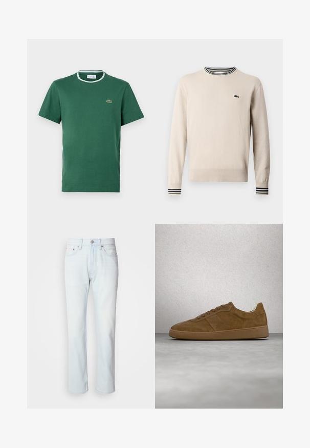 Suéter beige hecho de tejido de punto, con un escote redondo, puños acanalados con rayas negras y verdes, y un pequeño logo en el pecho.; Camiseta de cuello redondo verde de algodón, de manga corta, con un cuello acanalado en blanco y verde en contraste y un pequeño logo bordado.; Jeans de mezclilla azul claro con corte recto. Cuentan con un cierre de botón y pasadores para cinturón, mostrando una textura desgastada y costuras mínimas.; Zapatilla deportiva de ante marrón con cordones color beige y suela de goma. Presenta una puntera redondeada y detalles cosidos en la parte superior. Diseño ligero.