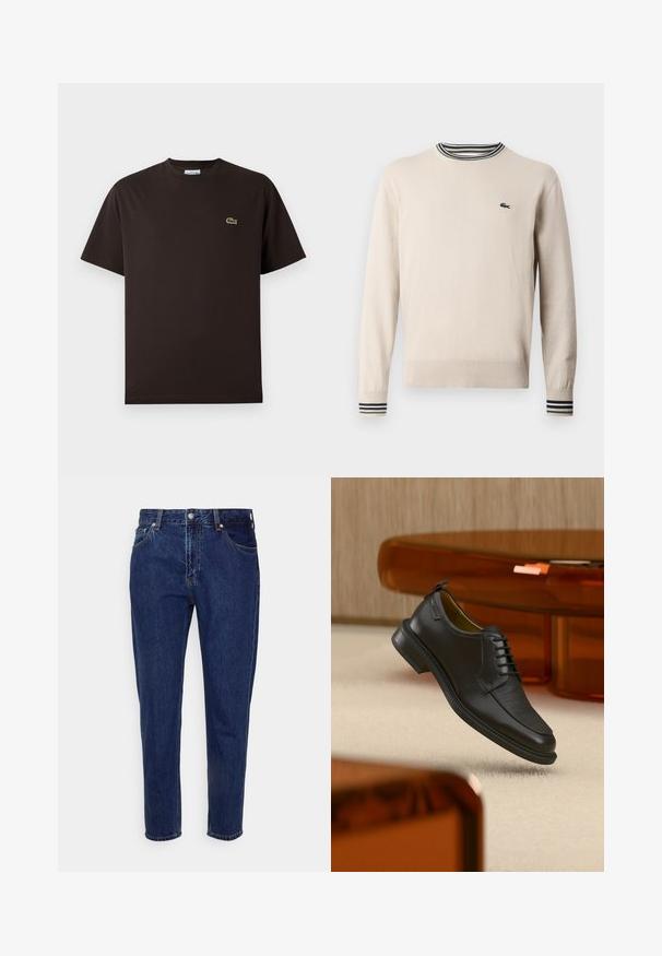 Beige trui van gebreide stof, met een ronde halslijn, geribbelde manchetten met zwarte en groene strepen, en een klein logo op de borst.; Bruine T-shirt met korte mouwen van katoen. Heeft een subtiele groene geborduurde krokodillogo op de linkerborst. Klassiek ontwerp met ronde hals.; Donkerblauwe straight-leg spijkerbroek met knoop- en ritssluiting aan de voorkant, riemlussen, en voor- en achterzakken.; Zwarte leren veterschoen in de stijl van een nette schoen met een gestructureerd vooraanzicht, zwevend boven een beige tapijt in een moderne kamer met amberkleurige meubelen.