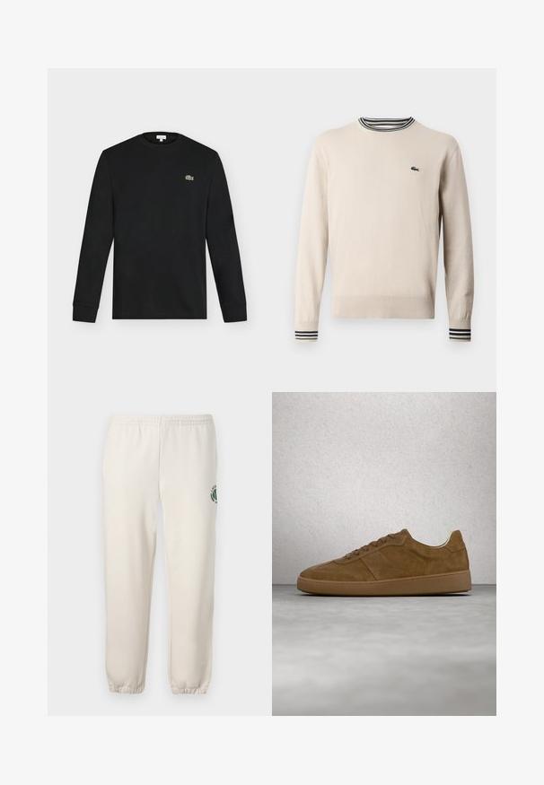 Pull beige en tissu tricoté, avec un col rond, des poignets côtelés ornés de rayures noires et vertes, et un petit logo sur la poitrine.; T-shirt noir manches longues à col rond avec un petit logo crocodile vert sur la poitrine gauche, présenté sur un fond clair uni.; Pantalon de jogging beige clair en coton, doté d'une taille élastique, de poignets en côtes et d'un logo vert avec un design de feuille sur la jambe gauche.; Baskets en daim marron avec des lacets couleur fauve et une semelle en caoutchouc. Présente un bout arrondi et des détails cousus sur la tige. Design léger.