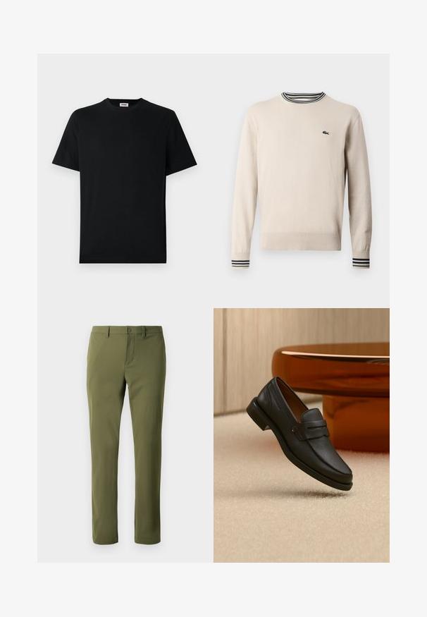 Beige trui van gebreide stof, met een ronde halslijn, geribbelde manchetten met zwarte en groene strepen, en een klein logo op de borst.; Eenzwarte korte mouwen T-shirt met ronde hals, plat weergegeven tegen een witte achtergrond, met een klein merkje binnenin de kraag.; Olijfgroene broek van gladde stof met een rechte snit, voorzien van een knoopsluiting en riemlussen. Geen zichtbare patronen of accenten.; Zwarte leren herensloffen met een band over de bovenkant, getoond op een beige tapijt vlakbij een bruine moderne ronde tafel.