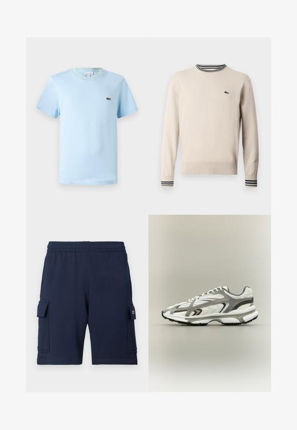 Beige sweater lavet af strikket stof, med rund halsudskæring, ribbede ærmer med sorte og grønne striber, og et lille logo på brystet.; Lys blå bomulds-T-shirt med korte ærmer, en rund hals med en grøn og hvid stribet kant, og et lille broderet logo på brystet.; Marineblå cargoshorts lavet af blødt stof, med elastisk taljebånd, to sidelommer og et lille logo på venstre lomme.; Sportssko med en hvid mesh-overdel, grå accenter, sort gummisål og et strømlinet design. Har snørebånd og strukturerede detaljer.