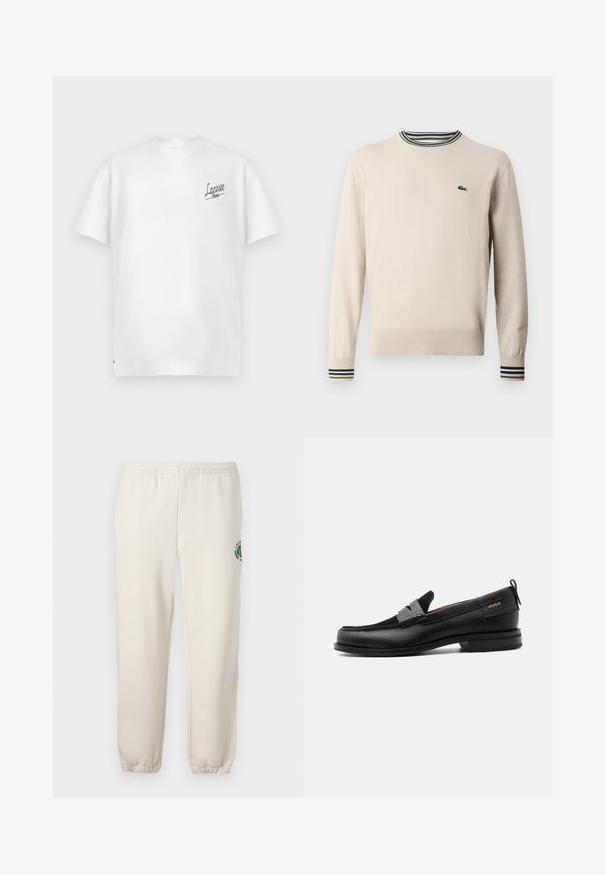 Beige sweater lavet af strikket stof, med rund halsudskæring, ribbede ærmer med sorte og grønne striber, og et lille logo på brystet.; Hvid bomulds t-shirt med rund hals og korte ærmer. Har et grønt "Lacoste Paris" logo på venstre bryst. Blød tekstur.; Lys beige sweatpants lavet af bomuld, med elastisk talje, ribbede mansjetter og et grønt logo med bladdesign på venstre ben.; Sort læderloafer med grå remdetalje, lav hæl og tekstureret sål, mærket med "HUGO" i guld på siden.
