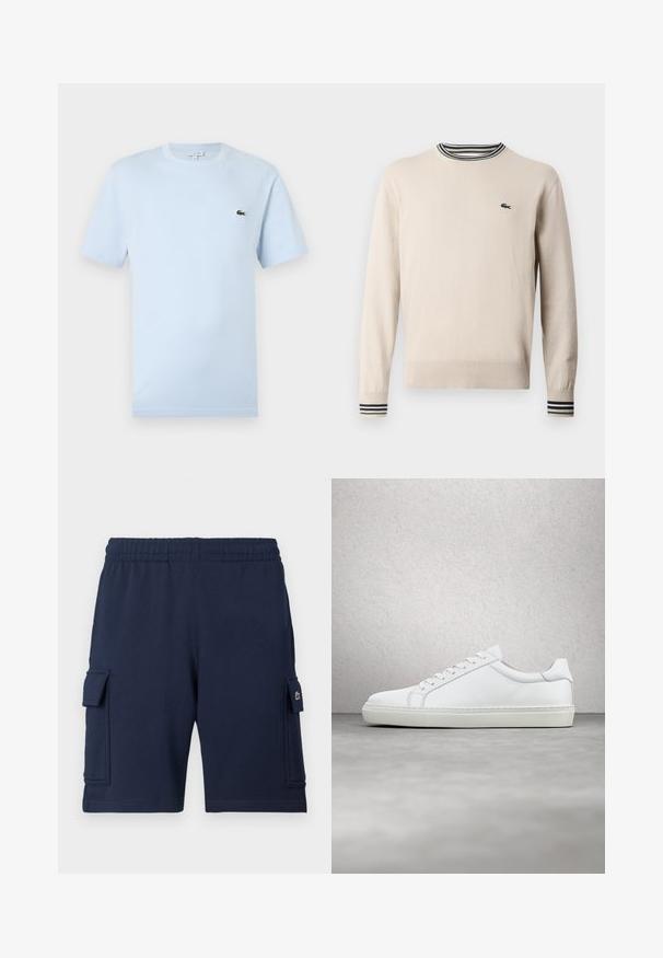 Beige trui van gebreide stof, met een ronde halslijn, geribbelde manchetten met zwarte en groene strepen, en een klein logo op de borst.; Lichtblauw T-shirt met korte mouwen, gemaakt van zacht katoen. Heeft een klein groen geborduurd krokodillenlogo op de borst.; Marineblauwe cargoshorts gemaakt van zachte stof, met een elastische tailleband, twee zijzakken en een klein logoaccent op de linkerzak.; Witte sneaker met een gladlederen bovenwerk en een laag profiel. Voorzien van een ronde neus, zes vetergaatjes en een gestructureerde rubberen zool.
