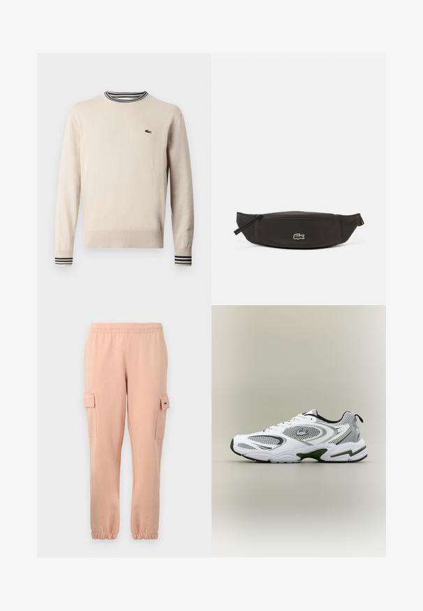 Beige sweater lavet af strikket stof, med rund halsudskæring, ribbede ærmer med sorte og grønne striber, og et lille logo på brystet.; Lyserøde bomuldsjoggers med elastisk talje, ribbede manchetter, to sidelommer og et lille logo-patch på en af lommerne.; Hvid og grå sporty løbesko med mesh-paneler, grønne detaljer, sorte elementer og et logo på siden, vist fra ydersiden.; Sort nylon bæltetaske med en glat overflade, lynlås lukning og et lille grønt Lacoste krokodille logo på forsiden. Designet til let transport.