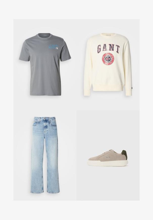 Creme sweatshirt med lange ærmer, rund halsudskæring og et slidtegn på GANT-logo i rød og blå. Blødt stof.; Grå bomulds t-shirt med rund hals, korte ærmer, med blå "CALVIN KLEIN" tekst trykt på venstre side. Glat tekstur.; Lysblå vide jeans med høj talje, der har en falmet finish, bæltestropper og klassisk fem-lomme design. Kantene er rå.; Beige ruskinds sneakers med en hvid gummisål, der har en mørkegrøn hælaccent og subtil branding på siden.