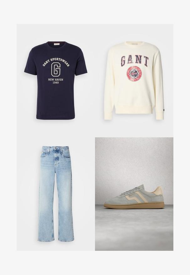 Creme sweatshirt med lange ærmer, rund halsudskæring og et slidtegn på GANT-logo i rød og blå. Blødt stof.; Marineblå bomulds T-shirt med et hvidt grafisk design med "GANT SPORTSWEAR," "NEW HAVEN," og "1949." Rund halsudskæring og korte ærmer.; Lysblå vide jeans med høj talje, der har en falmet finish, bæltestropper og klassisk fem-lomme design. Kantene er rå.; Lysegrå ruskindsneaker med beige accenter og gummisål, svævende over poleret betongulv nær væg af glasblokke.