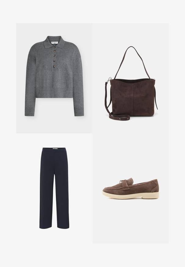Grå cropped sweater med polo-krave, der har fem brune knapper samt ribstrikkede ærmegab og kant. Fremstillet af et blødt, tekstureret materiale.; Marineblå bredbenede bukser lavet af blødt stof med elastisk talje og uden synlige lommer eller udsmykninger.; Brun ruskindsloafer med cremefarvet gummisål og dekorativ metal detalje på overdelen, vist i sideprofil på en hvid baggrund.; Brun ruskinds tote bag med en blød tekstur, der har en enkelt skulderrem og en diskret buet topåbning. Ingen synlige hårde detaljer.