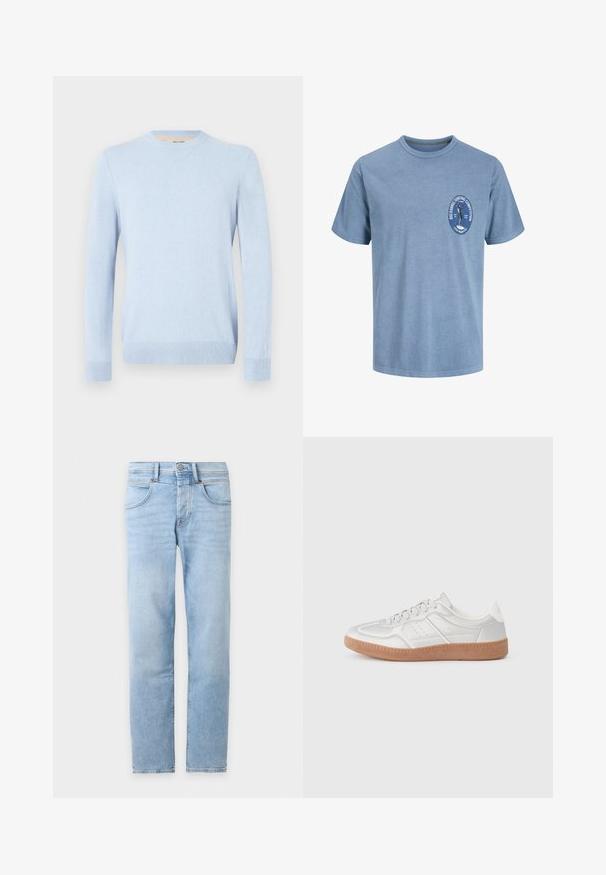 Pull tricoté bleu clair, col rond, manches longues, poignets et ourlet côtelés. Texture douce, design simple, sans motifs ni accents visibles.; T-shirt bleu clair à manches courtes avec un petit logo sur la poitrine représentant un surfeur et texte indiquant "Big Barrel Surfing Competition, Local Members Only.".; Jean denim bleu clair à jambes droites avec poches avant, passants de ceinture et fermeture à boutons sur fond blanc.; Baskets argentées avec une texture lisse, un design à lacets, des accents perforés et une semelle en caoutchouc marron texturé.