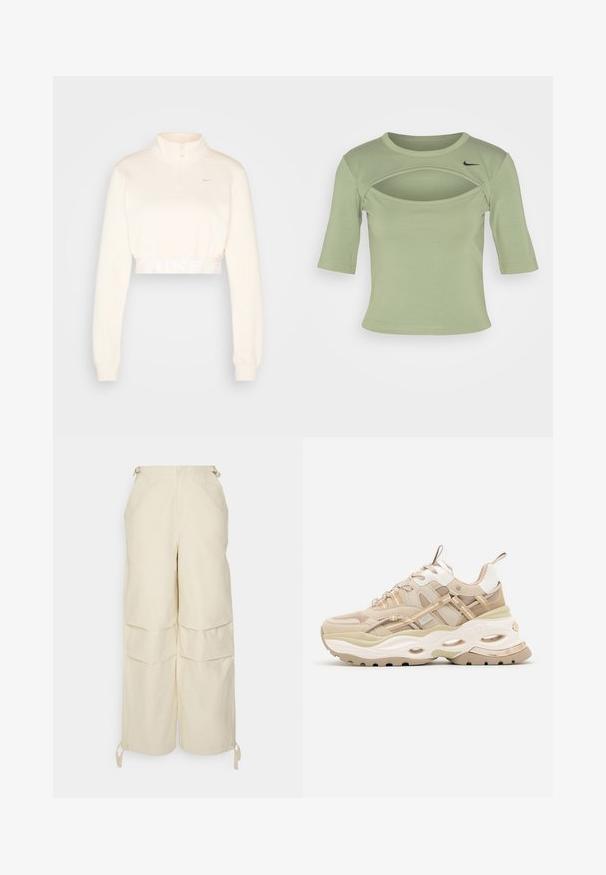 Beskarvet, creamefarvet sweatshirt med høj krave, halvlynlås og "NIKE" logo i lys grå på taljen. Blød tekstur.; Nike Sportswear CUTOUT - T-shirts print - oil green/black; WRSTBHVR ZERA PANTS EGGSHELL WOMEN - Bukser - off white; Beige og hvide chunky sneakers med tyk sål, mesh- og læderpaneler, ovale udskæringer i mellemsålen, trækstropper på tunge og hæl.