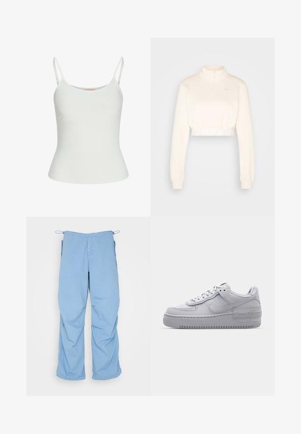 Sweatshirt cropped de couleur crème avec un col haut, fermeture à demi-zip, et logo "NIKE" en gris clair sur la ceinture. Texture douce.; Top sans manches blanc avec bretelles réglables, design ajusté, texture de tissu lisse et encolure ronde. Aucun motif ni détail matériel.; Pantalons larges de couleur bleu clair en tissu doux. Dotés d'une taille à cordon, de deux poches latérales et d'une coupe décontractée avec des coutures soignées.; Basket en cuir lisse gris Nike Air Force 1 avec un bout perforé, une semelle épaisse et un détail 'AIR' en relief sur le talon.