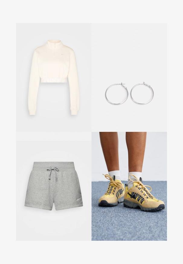 Gekürzter, cremefarbener Sweatshirt mit hohem Kragen, halbem Reißverschluss und "NIKE"-Logo in hellgrau am Saum. Weiche Textur.; Graue Sportshorts aus weichem Material mit einem elastischen Bund und Kordelzug sowie einem kleinen Nike-Logo auf der unteren linken Seite.; Gelbe Wildleder- und Mesh-Sneaker mit schwarz-weißen gestreiften Akzenten, strukturierten Sohlen und Schnürdesign. Weiße Socken, die über dem Knöchel sichtbar sind.; sweet deluxe EARRING - Ohrringe - silver-coloured