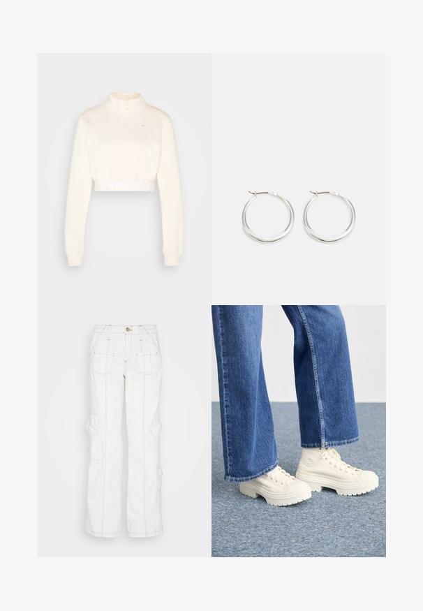 Korte, crèmekleurige sweatshirt met een hoge kraag, halve rits en "NIKE" logo in lichtgrijs op de tailleband. Zachte textuur.; BDG Urban Outfitters Relaxed fit jeans - white; Witte hoge sneakers met dikke, geribbelde zolen en ronde logo-detail, gedragen met lichtblauwe, wijde denim jeans.; Zilveren hoop oorbellen hebben een glad, rond ontwerp met een dun profiel en een veilige sluiting. Minimalistische stijl met een gepolijste afwerking.