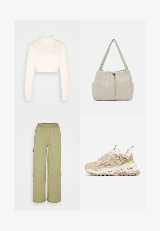 Beskarvet, creamefarvet sweatshirt med høj krave, halvlynlås og "NIKE" logo i lys grå på taljen. Blød tekstur.; Cotton On QUINN PANT - Cargobukser - moss green; Beige og hvide chunky sneakers med tyk sål, mesh- og læderpaneler, ovale udskæringer i mellemsålen, trækstropper på tunge og hæl.; Even&Odd by Zalando Håndtasker - off-white