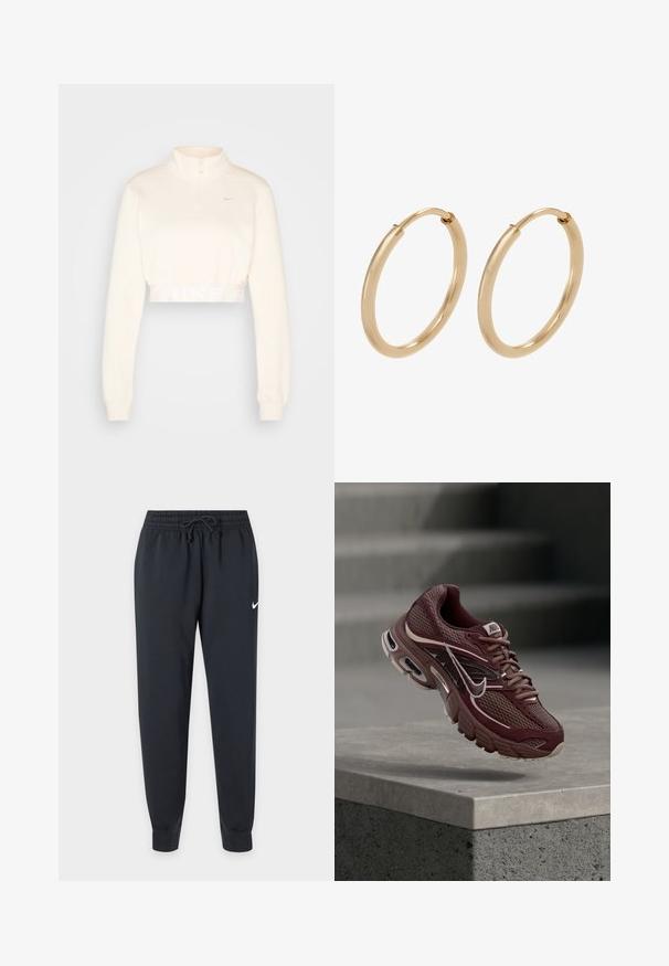 Gekürzter, cremefarbener Sweatshirt mit hohem Kragen, halbem Reißverschluss und "NIKE"-Logo in hellgrau am Saum. Weiche Textur.; Schwarze Nike Jogginghose mit elastischem Bund und Kordelzug, schmal zulaufenden Beinen, Bündchen an den Knöcheln und kleinem weißen Nike-Swoosh am rechten Oberschenkel.; Dunkelroter Nike-Laufschuh mit Mesh-Stoff, gepolstertem Kragen, dicker Sohle und weißen Akzenten. Das Design zeichnet sich durch eine abgerundete Zehenpartie und markante Schnürsenkel aus.; Goldene Creolen mit einer glatten, polierten Oberfläche. Abgerundete Form, mittlere Größe, ausgestattet mit einem sicheren Verschlussmechanismus.