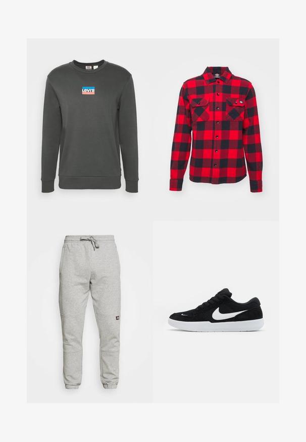 Harmaa pitkähihainen huppari, jossa on ribbed hihansuut ja pyöreä kaula-aukko. Rinnassa on värikäs Levi's-logo suorakulmaisessa muodossa.; Punainen ja musta ruutukuosisessa flanellipaidassa on pitkät hihat, kaksi rintataskua ja napp closures, ja siinä on klassinen kauluskotelo ja tekstuuri.; Harmaat collegehousut, jotka on valmistettu puuvillasekoitteesta, jossa on joustava vyötärönyöri, kapenevat lahkeet ja pieni logopatchi sivussa.; Musta mokkasaappaat valkoisilla yksityiskohdilla, joissa on pyöreä kärki, paksu valkoinen pohja ja mustat nauhat. Rinnalla näkyy suuri valkoinen Nike-logo.