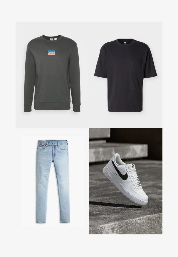 Grauer Sweatshirt mit langen Ärmeln, gerippten Bündchen und Rundhalsausschnitt. Mit einem bunten Levi's-Logo in rechteckigem Design auf der Brust.; Schwarzes T-Shirt mit kurzem Arm, Rundhalsausschnitt und Brusttasche mit kleinem rotem Levi's-Logo-Tab an der Tasche vor einfachem hellem Hintergrund.; Helle blaue, schmal geschnittene Jeans aus Denim mit Knopf- und Reißverschluss, Fronttaschen und Gürtelschlaufen auf weißem Hintergrund.; Weißer Nike Air Force 1 Sneaker mit schwarzem Swoosh, geschnürten Schnürsenkeln, schwebend in der Luft über einer strukturierten Betonoberfläche im Freien.