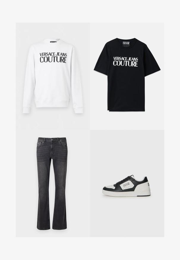 Sudadera blanca de manga larga con cuello redondo y texto negro "Versace Jeans Couture" impreso en el pecho.; Camiseta de algodón negra con mangas cortas que presenta un gran texto blanco "VERSACE JEANS COUTURE" en la parte delantera. Diseño clásico de cuello redondo.; Jeans de mezclilla negra con diseño acampanado, cinco bolsillos y cierre de botón metálico. La tela tiene una textura suave con un ligero desgaste.; Zapatilla en blanco y negro con parte superior de cuero liso, caja de dedos perforada, panel blanco en contraste y detalle del logotipo en el costado y el talón.