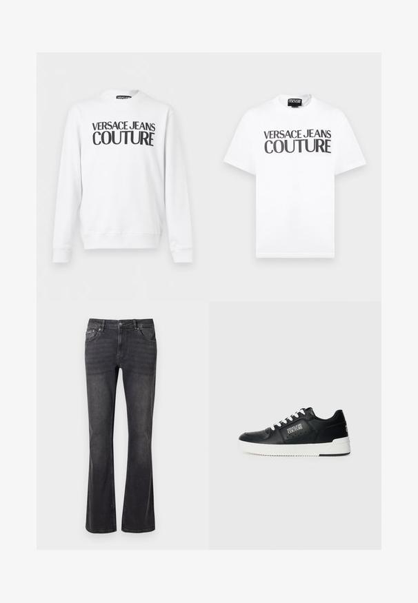 Sudadera blanca de manga larga con cuello redondo y texto negro "Versace Jeans Couture" impreso en el pecho.; Camiseta blanca de manga corta con texto negro "VERSACE JEANS COUTURE" en el pecho y una pequeña etiqueta de la marca en el interior del cuello.; Jeans de mezclilla negra con diseño acampanado, cinco bolsillos y cierre de botón metálico. La tela tiene una textura suave con un ligero desgaste.; Zapatillas de cuero negras con suela blanca, que presentan un logo en el lateral, punta redondeada y un diseño perforado para transpirabilidad. Cintas blancas.