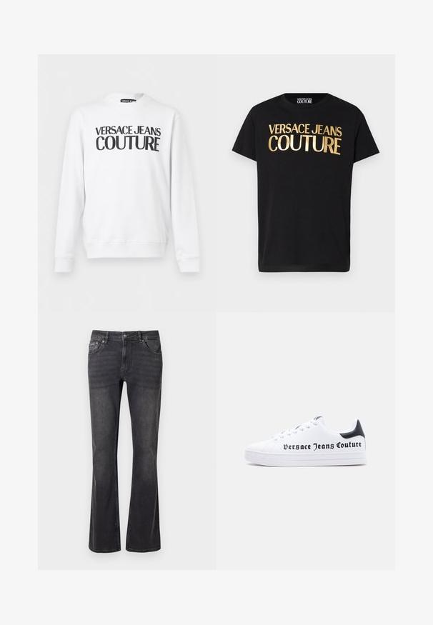 Weißes langärmliges Sweatshirt mit Rundhalsausschnitt und schwarzem "Versace Jeans Couture"-Schriftzug quer über der Brust.; Schwarzes kurzärmeliges T-Shirt mit großem metallisch goldfarbenem "Versace Jeans Couture" Schriftzug auf der Vorderseite und einem runden Ausschnitt.; Schwarze Jeans aus Denim mit ausgestelltem Design, fünf Taschen und einem Metallknopfverschluss. Der Stoff hat eine glatte Textur mit dezentem Verblassen.; Weißer Sneaker mit niedrigem Schnitt, schwarzem Fersenlasche, Schnürdesign und dem Schriftzug "Versace Jeans Couture" in Schwarz auf der Seite gedruckt.