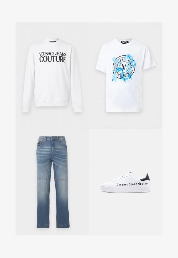 Witte sweater met lange mouwen en ronde hals, met zwarte tekst "Versace Jeans Couture" gedrukt op de borst.; Witte korte mouw Versace Jeans Couture T-shirt met een cirkelvormig logo en een blauw decoratief waterspatontwerp aan de voorkant.; Lichtblauwe denim jeans met een recht model, voorzien van vervaging, stiksel details en een medium hoge taille. Inclusief voorzakken.; Witte lage sneaker met zwart hielstuk, vetersluiting en het logo "Versace Jeans Couture" in zwart op de zijkant gedrukt.