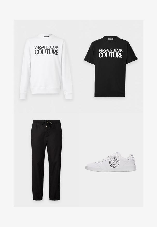 Weißes langärmliges Sweatshirt mit Rundhalsausschnitt und schwarzem "Versace Jeans Couture"-Schriftzug quer über der Brust.; Schwarzes T-Shirt mit kurzen Ärmeln und auffälligem weißem Schriftzug "VERSACE JEANS COUTURE" mittig auf der Vorderseite sowie einem passenden Etikett im Krageninnenteil.; Schwarze Hose mit einem elastischen Bund und Kordelzug. Hat schmal zulaufende Beine mit elastischen Bündchen. Glattes, leichtes Material.; Weißer Sneaker mit niedrigem Schaft, mit schwarzem, rundem "Versace Jeans Couture"-Logo an der Seite und am Fersenriemen, weißen Schnürsenkeln und weißer Gummisohle.