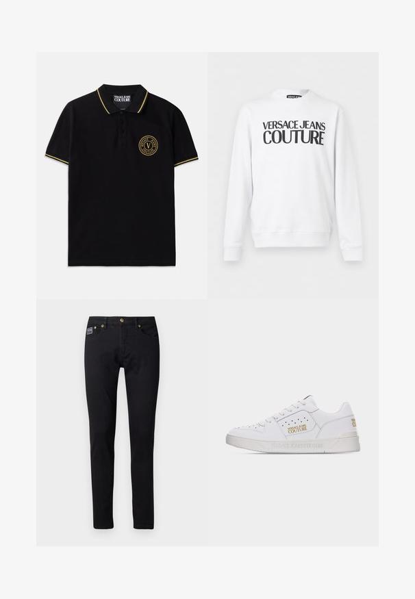 Hvid langærmet sweatshirt med rund hals og sort "Versace Jeans Couture"-tekst trykt hen over brystet.; Sort polo-shirt lavet af bomuld med en krave med gule striber, to-knap lukning og et broderet rundt logo på venstre bryst.; Sorte denim jeans med slim fit, udstyret med guldfarvet metalhardware, fem lommer og et lille brandlabel på højre lomme.; Hvid lavt sneaksko med perforerede detaljer, snørelukning foran og guld "Versace Jeans Couture" logoer på siden og hælen.