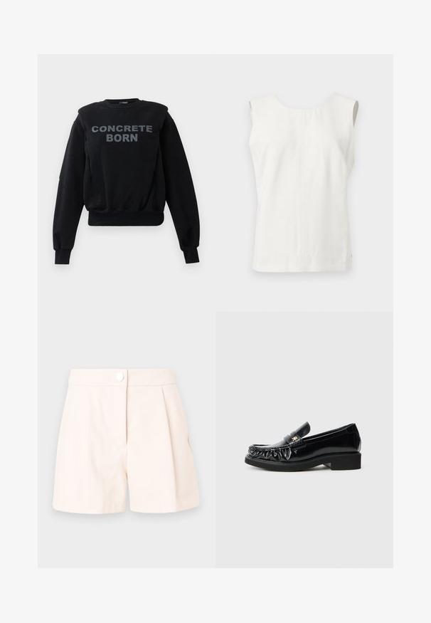 Zwarte sweatshirt met lange mouwen en geribde manchetten en zoom, met opvallende grijze tekst "CONCRETE BORN" op het midden van de voorkant.; Mouwloze witte top met ronde halslijn en zichtbare verticale naad in het middenvoor, weergegeven tegen een eenvoudige lichte achtergrond.; Beige geplooide shorts van lichtgewicht stof, met een knoopsluiting en schone, op maat gemaakte lijnen. Soepele textuur en minimalistisch ontwerp.; Zwarte gepatineerde leren loafers met een decoratieve gathered rand, vlakke rubberen zool en een kleine metalen logo-accent op de band.