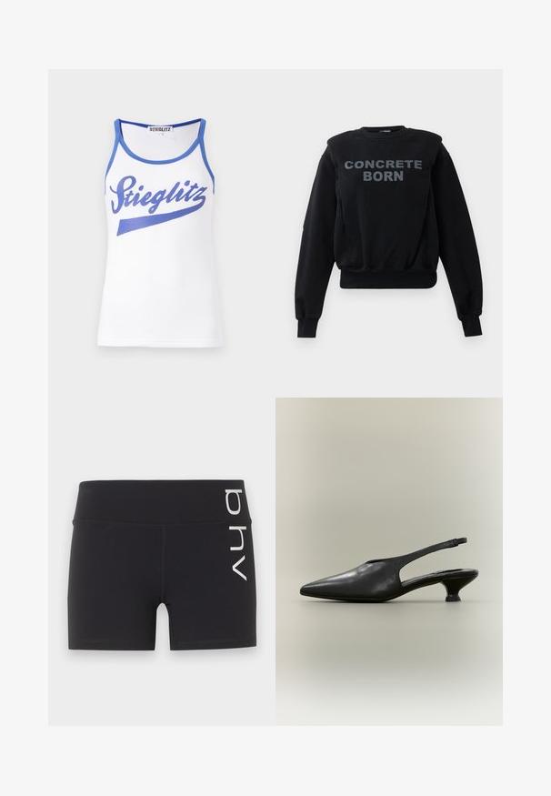 Sweatshirt noir à manches longues avec des poignets et un ourlet côtelés, arborant un texte en gras gris "CONCRETE BORN" au centre de l'avant.; Débardeur blanc avec des bordures bleues, présentant un grand graphique bleu "Stieglitz" sur le devant. Fabriqué en tissu lisse et léger.; Shorts de sport noirs ajustés avec une taille haute et un logo vertical blanc "bhv" sur le côté droit.; Chaussure à bride arrière en cuir noir avec bout pointu et petit talon bas sur fond neutre.