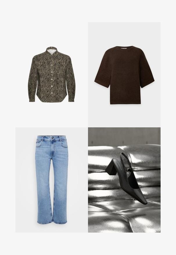 Pull tricoté marron à manches courtes avec un col rond et un ourlet droit sur fond blanc uni.; Chemise à boutons dans un motif zèbre beige et noir, avec un col structuré, des manches longues et des boutons avant bien en évidence.; Jeans larges de couleur bleu clair en denim, avec cinq poches, une fermeture éclair à l'avant et un bouton. Détails de couture subtils le long des coutures.; Escarpin noir à bride arrière avec bout pointu, présentant une surface texturée et un talon bloc épais. Posé sur un fond métallique brillant.