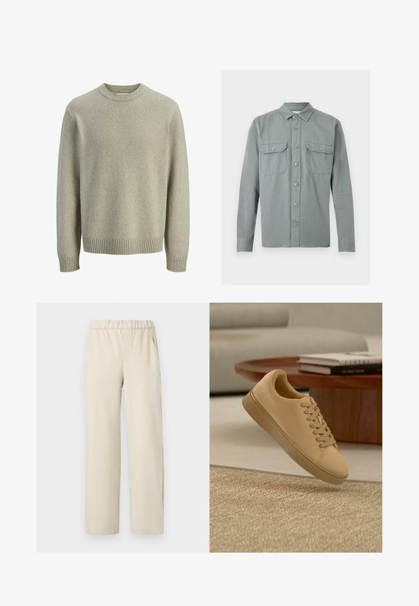 Pull en tricot beige clair avec col rond, manches longues et poignets côtelés. La texture est douce avec un motif subtil et fin sur toute la surface.; Chemise gris clair à manches longues avec col et deux poches à rabat boutonnées sur le devant, présentée à plat sur un fond blanc.; Pantalons larges beiges avec une taille élastique, fabriqués en tissu doux. Présente une texture lisse et sans motifs ni éléments métalliques visibles.; Baskets beiges à lacets flottant au-dessus d'un tapis texturé avec une table basse en bois et des livres empilés en arrière-plan flou.