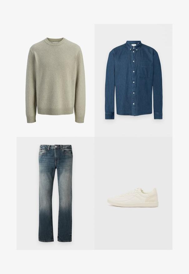 Lysebeige strikket sweater med rund hals, lange ærmer og ribbede manchetter. Teksturen er blød med et subtilt, fint mønster over det hele.; Mørkeblå denimskjorte med knapper, lange ærmer, en forlommer til venstre og en knaplukket krave, vist på en hvid baggrund.; Herre lige pasform blå denim jeans med falmet vask og fem-lomme design mod en hvid baggrund.; ALDO THEPITCH - Sneakers - white