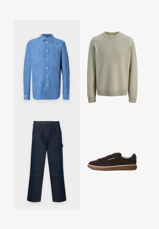 Lysebeige strikket sweater med rund hals, lange ærmer og ribbede manchetter. Teksturen er blød med et subtilt, fint mønster over det hele.; Blå langærmet skjorte med knapper og lodrette sorte striber samt en brystlomme foran, vist på en hvid baggrund.; Mørkeblå denim arbejdspants med lige ben, forstærkede knælapper, sidelommer, bæltestropper og lukning foran med knap.; Mørkebrun ruskind lavtop sneaker med brun gummisål, sort hælpatch og "KARL LAGERFELD" branding på siden.