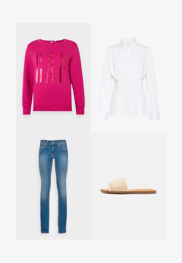 Felroze trui met lange mouwen en grote glanzende rode "GAP" letters in het midden aan de voorkant.; Witte blouse met lange mouwen, knopen aan de voorkant, een puntige kraag, een aangesloten taille en een zichtbaar merklabel "Gestuz" aan de binnenkant van de kraag.; Lichtblauwe denim jeans met een slim fit, vijf zakken en contrasterende oranje stiksels, met een knoop- en ritssluitingen.; Slide sandaal met een beige geweven stoffen bovenkant met franjes, een glad leren inlegzool en een vlakke bruine zool.