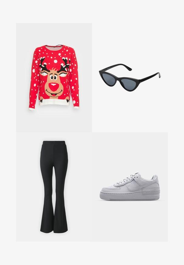 Red knit sweater featuring a reindeer design, snowflakes, and white trim. The reindeer has a round face, large eyes, and black antlers.; Black flared trousers made from stretchy fabric. Features a high waistband and a smooth, fitted design that flares from the knee downward.; Gray Nike Air Force 1 sneaker with perforated toe, smooth leather upper, thick sole, and embossed 'AIR' detail on the heel.; Black cat-eye sunglasses with dark gray lenses, sleek plastic frame, pointed corners, and straight temples. No visible hardware or accents.