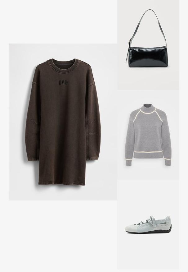 Grijze pullover trui met een hoge hals, geribbelde textuur en crèmekleurige afwerking langs de kraag en de onderrand. Heeft een raglan mouwontwerp.; Bruine oversized sweatshirtjurk gemaakt van zacht materiaal, met een ronde halslijn en een geborduurd "GAP"-logo op de borst.; Lichtgrijze damesschoen met twee verstelbare gespsluitingen, gestructureerde zijpanelen en zwarte rubberen zool, zijaanzicht op een witte achtergrond.; Zwarte rechthoekige schoudertas met een enkele verstelbare band en een bovenste ritssluiting op een effen achtergrond.
