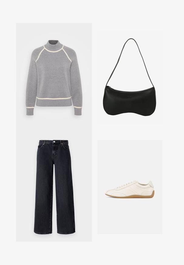 Grå pullover sweater med høj hals, ribbet tekstur og cremefarvet kant langs kraven og denne. Har raglanærmedesignet.; Vero Moda Petite VMREMY MR WIDE - Wide leg - black denim; Hvid lædersneaker med en glat tekstur, rund tå og tonale syninger. Har en tanfarvet gummisål og snørebånds-lukning.; Sort skuldertaske i læder med buet form, lynlås og enkelt tynd skulderrem; glat tekstur og diskret præget logodetalje.