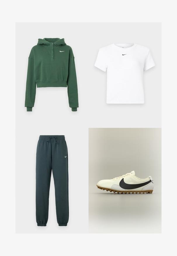 Grüner Cropped-Hoodie aus weichem Stoff, mit einem knöpfbaren Kragen, langen Ärmeln, gerippten Bündchen und einem weißen Nike-Logo auf der Brust.; Weißes, kurzärmeliges Nike-Bauchfreies T-Shirt mit einem kleinen schwarzen Nike-Swoosh-Logo, das unterhalb des Halsausschnitts zentriert ist.; Dunkelgrüne Nike Jogginghose aus weichem Material, mit einem elastischen Bund und verstellbarem Kordelzug sowie gerippten Säumen.; Weißer flacher Sportschuh mit schwarzem Nike-Swoosh, Gummisohle und weißen Schnürsenkeln, seitlich auf neutralem Hintergrund dargestellt.