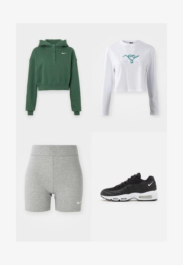 Sudadera verde corta hecha de tela suave, con cuello abotonado, mangas largas, puños acanalados y un logo blanco de Nike en el pecho.; Camiseta recortada de algodón de manga larga blanca, con un gráfico de una serpiente verde entrelazada con un diseño de llave en la parte frontal.; Shorts deportivos grises hechos de un tejido suave, con una cinturilla alta y un pequeño logo blanco de Nike en la parte inferior izquierda.; Zapatillas Nike Air Max 95 negras con parte superior de cuero texturizado y malla, una prominente entresuela blanca, suela negra y acento del logo en plata.