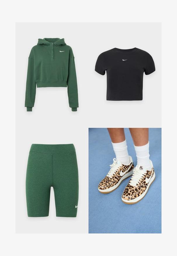 Sweat à capuche court vert en tissu doux, avec un col boutonné, des manches longues, des poignets côtelés et un logo Nike blanc sur la poitrine.; T-shirt court noir en coton, avec un col rond et des manches courtes. Logo Nike blanc notable sur la poitrine.; Shorts de sport verts en tissu extensible. Conception taille haute avec coutures plates et logo Nike blanc sur la partie inférieure de la jambe gauche.; Baskets Nike Air Force 1 en imprimé léopard avec des lacets blancs et un swoosh blanc, présentant une semelle extérieure en caoutchouc beige et un dessus texturé. Chaussettes blanches visibles.