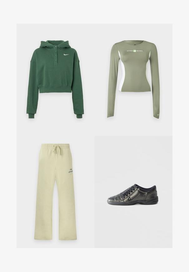 Puha anyagból készült zöld rövidített kapucnis pulóver, gombos gallérral, hosszú ujjal, bordázott mandzsettákkal és a mellkason fehér Nike logóval.; Olívazöld hosszú ujjú Nike Shox felső fehér oldalpanelekkel és neonzöld részletekkel, testre szabott fazon, kis Swoosh logó az ujjmandzsettán.; Bézs Nike melegítőnadrág elasztikus derékrésszel, húzózsinórral, bő fazonú, bal combon "nike athletics" felirattal és pipa logóval.; Fekete, alacsony szárú Nike sportcipő fűzőkkel, varrott részletekkel és texturált talppal, sima fehér háttér előtt.
