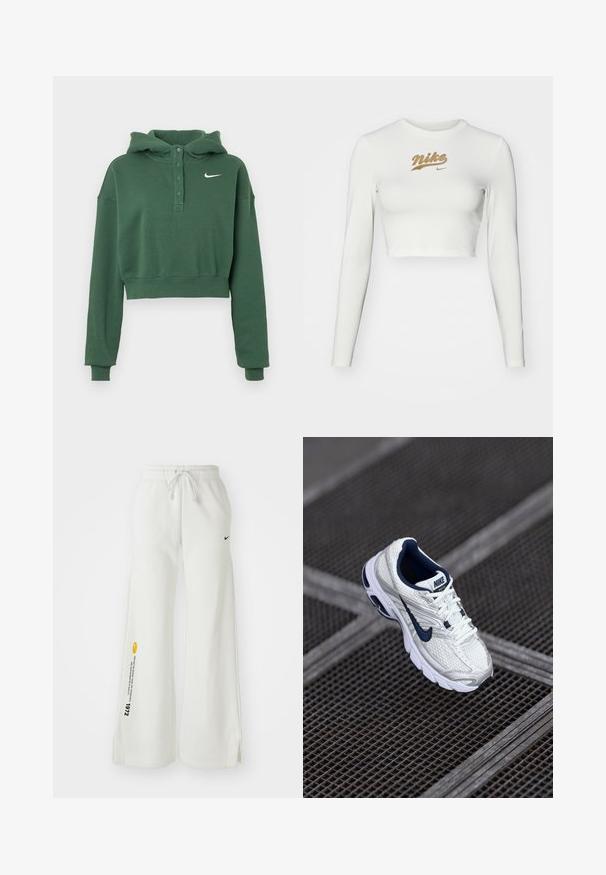 Sudadera verde corta hecha de tela suave, con cuello abotonado, mangas largas, puños acanalados y un logo blanco de Nike en el pecho.; Crop top blanco de manga larga, hecho de una tela suave, que presenta un estampado del logo dorado de Nike en el pecho y un clásico escote redondo.; Pantalones de chándal blancos y de pierna ancha con cintura elástica, cordón, aberturas laterales, logo negro de Nike y texto gráfico en amarillo contrastante.; Zapatilla de running de Nike en blanco y marino, con una parte superior de malla texturizada, suela acolchada y un logo distintivo a lo largo del lateral.