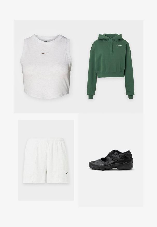 Sudadera verde corta hecha de tela suave, con cuello abotonado, mangas largas, puños acanalados y un logo blanco de Nike en el pecho.; Top corto blanco hecho de una tela suave y texturizada. Presenta un cuello redondo y un diseño sin mangas, con un pequeño logotipo dorado de Nike en la parte delantera.; Pantalones cortos deportivos blancos con cintura elástica y logo negro de Nike en la pierna izquierda, exhibidos sobre un fondo liso.; Sandalia deportiva negra con puntera cerrada, correas de velcro en la parte media del pie y el talón, y suela gruesa acolchada con la marca "AIR" en el lateral.