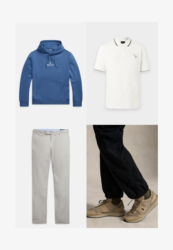 Sinine puuvillast kapuutsiga dressipluus ees taskuga, nööriga kapuuts ja rinnal tikitud "Ralph Lauren" logo. Sile tekstuur.; Valge lühikeste varrukatega polosärk tumerohelise äärega krae ja varrukate servas, ees kaks nööpi ning väikese mitmevärvilise tikitud hobuselogo rinnal.; Heledat hallid chinosid, mis on valmistatud siledast puuvillakangast, omades klassikalist disaini, sirgeid sääriseid, küljetaskuid ja puhaste servadega viimistlust.; Inimene, kes kannab beeže paeltega tossusid musta logoga, oliivrohelisi sokke ja musti pükse elastsete mansettidega, seisab neutraalsel põrandal.