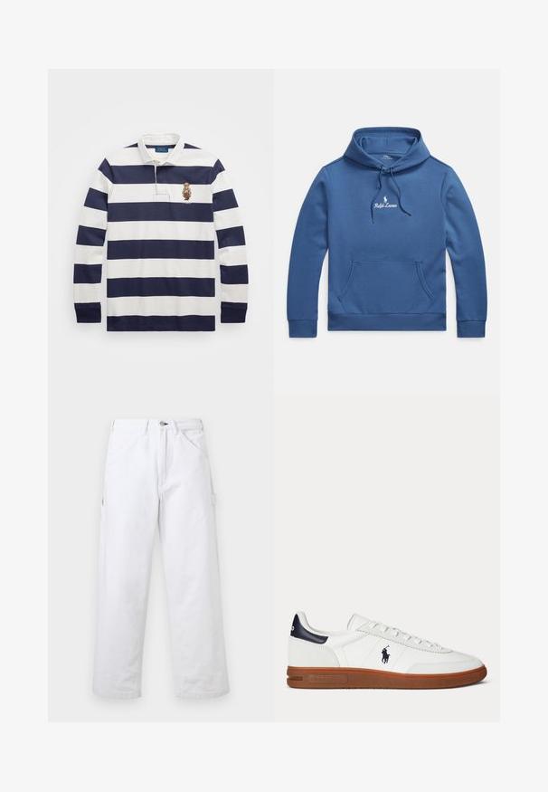 Modrá bavlnená mikina s kapucňou, predným vreckom, šnúrkou na kapucni a vyšitým logom "Ralph Lauren" na hrudi. Hladká textúra.; Polo Ralph Lauren CLASSIC FIT POLO BEAR RUGBY SHIRT - Top s dlhým rukávom - blu; Biele nohavice s vysokým pásom a rovnými nohavicami, s pútkami na opasok, prednými vreckami, zapínaním na gombíky a bočným úžitkovým vreckom na jednofarebnom pozadí.; Biela nízka teniska s hnedou podrážkou, čiernym záplatou na päte, vyšitým logom hráča póla a bielymi šnúrkami.