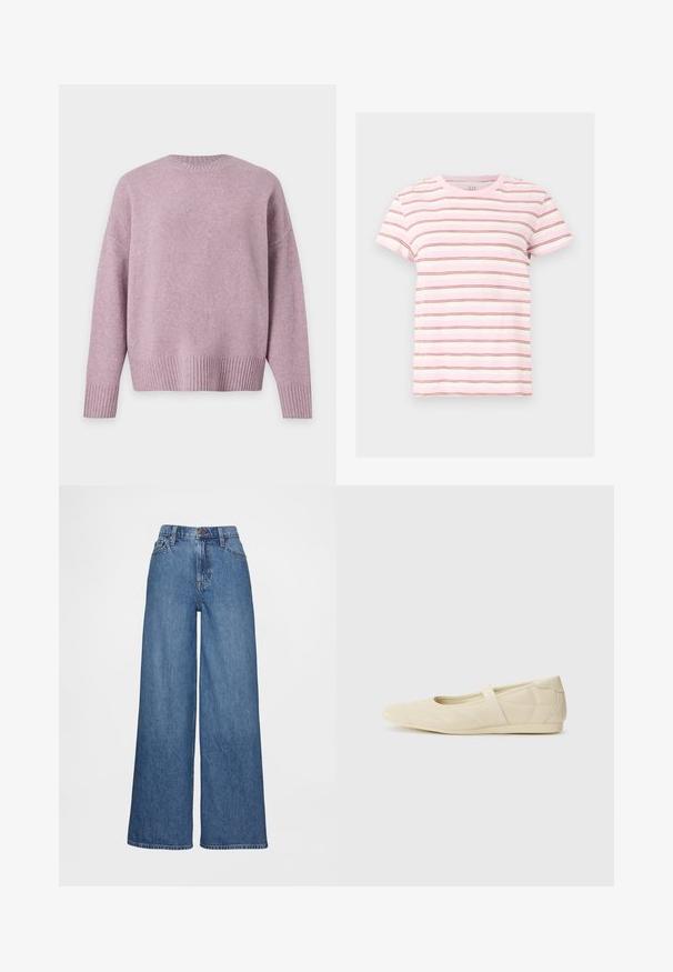 Pull lilas doux à col rond, manches longues avec poignets et ourlet côtelés, présenté à plat sur fond blanc.; T-shirt à manches courtes rose et blanche avec de fines rayures horizontales marron, encolure ronde et coupe décontractée.; Jean à jambes larges en denim bleu moyen, présentant une taille haute, des passants pour ceinture et une fermeture à bouton. Texture lisse avec des détails de couture minimaux.; Ballerines beiges avec une exterior en cuir lisse, un bout en forme d'amande et une sangle élastique sur le coup de pied, avec des détails de couture subtils.